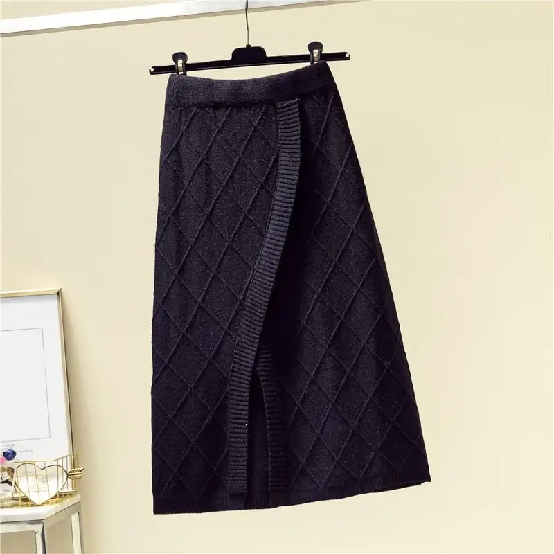 

Fashion Knitted Midi Split Skirt Women Nice Fall Winter Korean Warm Skirt High Waist Knee Length A-Line Skirt Ladies
