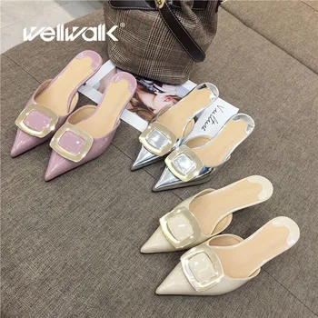 

Wellwalk Pointed Toe Mules Women High Slippers Ladies Fashion Slides Small Heel Slippers Women Mules Female Close Toe Sandals