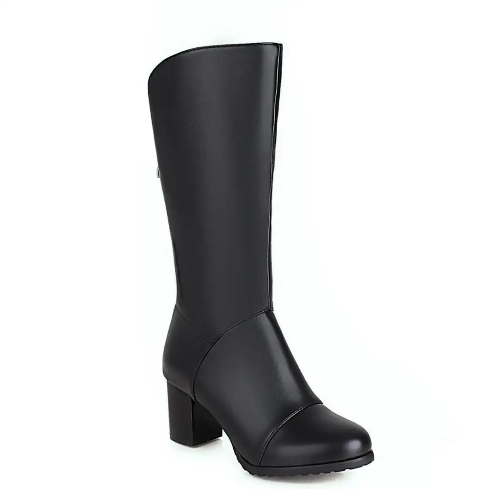 

Flock High-Heeled Knight Boots V-Mouth Back Zipper PU Mid-Calf Boots Short Plush Nubuck Leather Womenâ€™S Boots