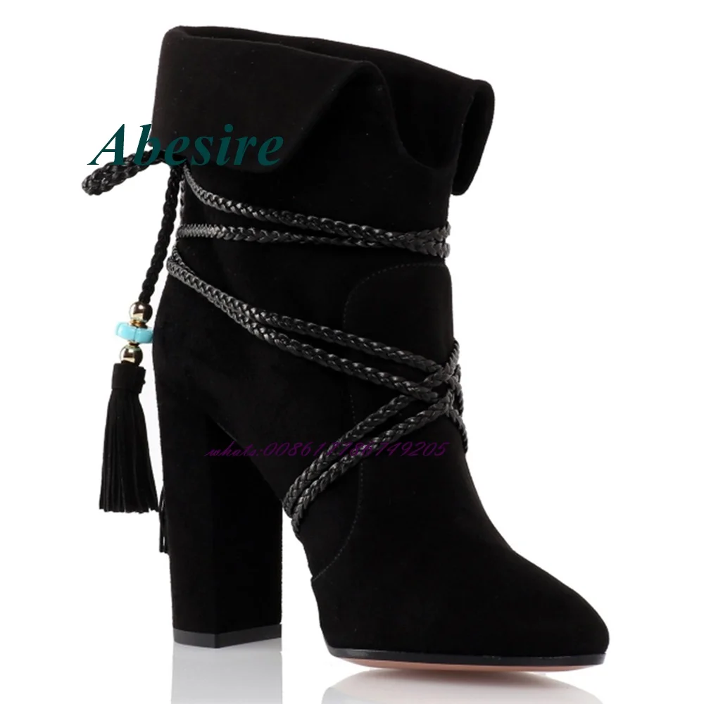 

Abesire Round Toe Chunky Heel Ankle Boots Suede Cross Tied Fringe Short Boots Winter Shoes for Women Plus Size Black Brown Shoes