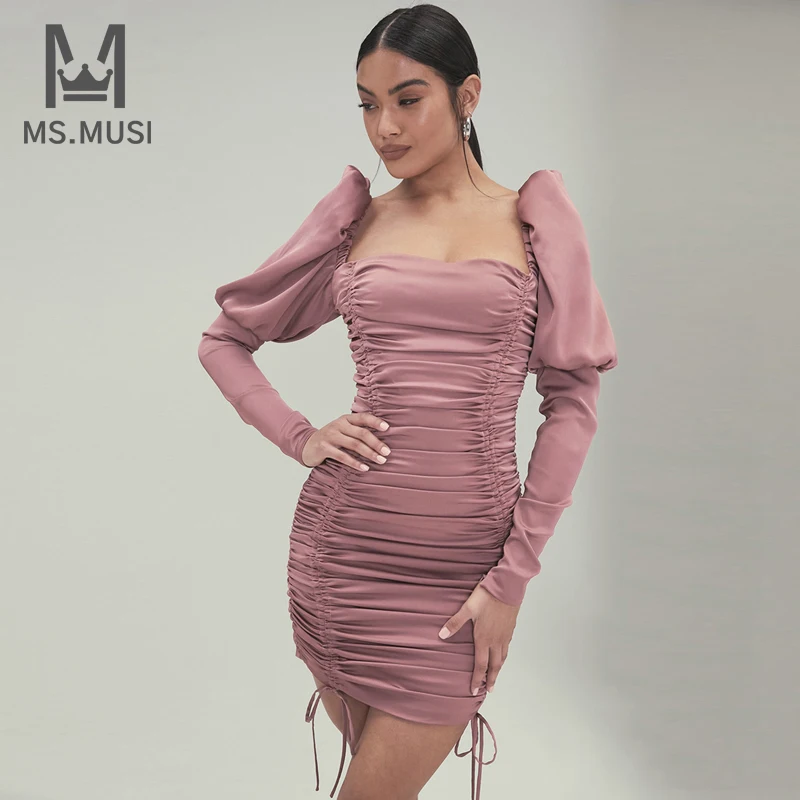 

MSMUSI New Fashion Women Sexy Folds Lace Up Puff Long Sleeve Slit Bodycon Mini Dress Club Party Lady Dress Celebrity Vestido