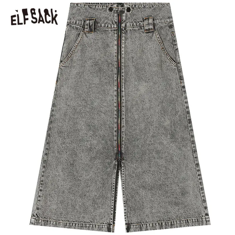 ELFSACK, серые, одноцветные, трапециевидные, на молнии, потертые, женские юбки, осень, натуральная Талия, Корейская, повседневная, офисная, женская, повседневная юбка