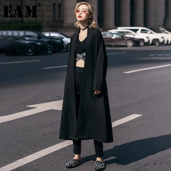 

[EAM] Women Black Long Big Size Temperament Trench New V-collar Long Sleeve Loose Fit Windbreaker Fashion Tide Spring 2020 JX950