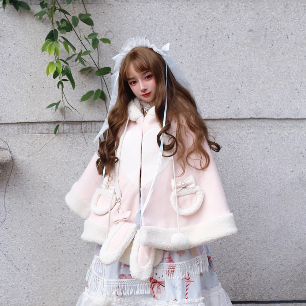 Melonshow Christmas Rabbit Cape Cloak Women Plus Size Pink Coat Tops Shawl Sleeveless Hooded Poncho Bow Hairball