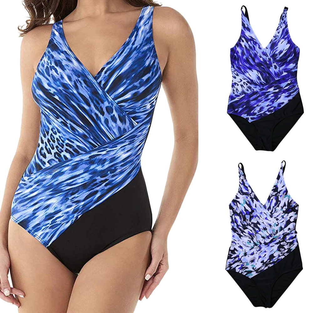 

Women One Piece Swimsuit 2020 New Printed Sport Swimwear Ladies Summer Sexy V-neck Colorblock Push Up Bathing Suit Beachwear D30