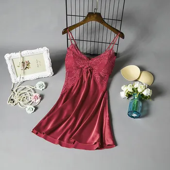 

Home Clothes Sexy Sleepwear Plus Size Women's Nightgown Satin Lingerie Dress Lace Nightdress Deep V Sexy Nightwear Lady Babydoll