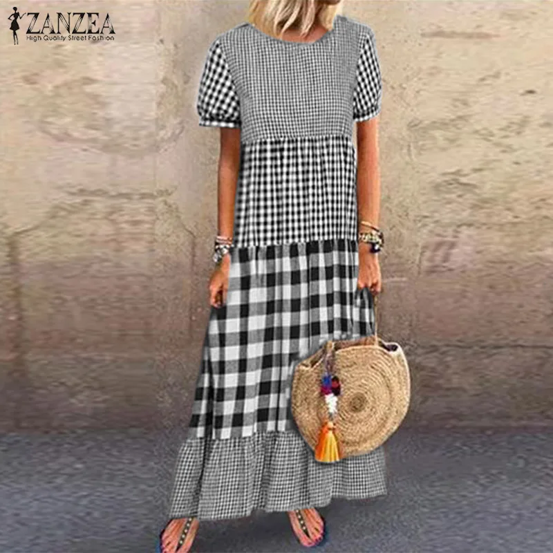 ZANZEA/женское клетчатый плед с коротким рукавом, винтажное летнее платье, Повседневный Сарафан, кафтан, вечерние платья