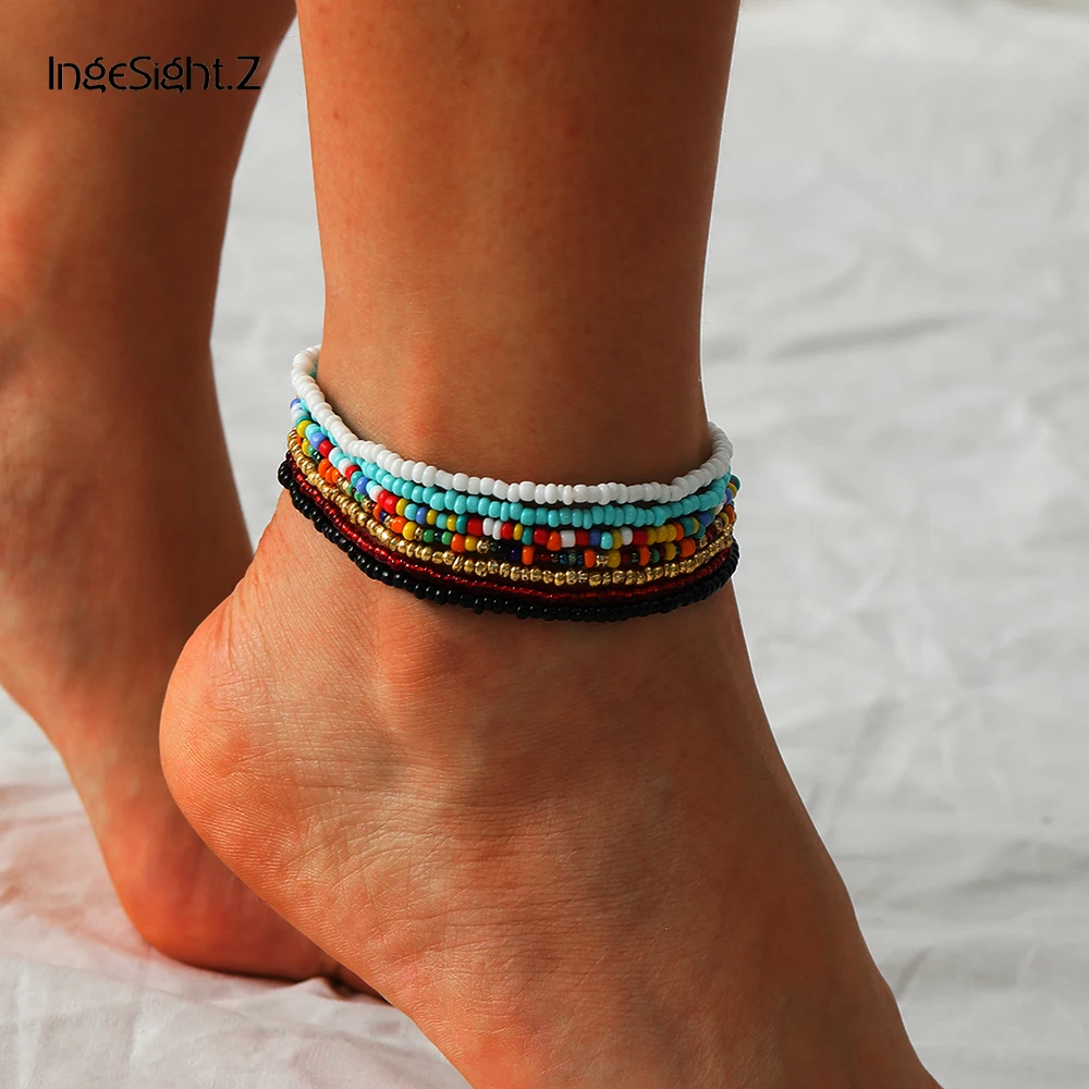 IngeSight.Z 7Pcs/Set Rainbow Beaded Anklet Bracelet for Women Adjustable Colorful Anklets Barefoot Sandals On Foot Ankle Jewelry IngeSight.Z 7Pcs/Set Rainbow Beaded Anklet Bracelet for Women Adjustable Colorful Anklets Barefoot Sandals On Foot Ankle Jewelry
