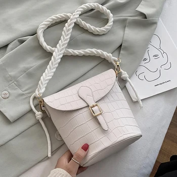 

Braided Shoulder Strap Crossbody bags For Women 2020 PU Leather Shoulder Handbags Stone Pattern Bucket bag Travel Cross body