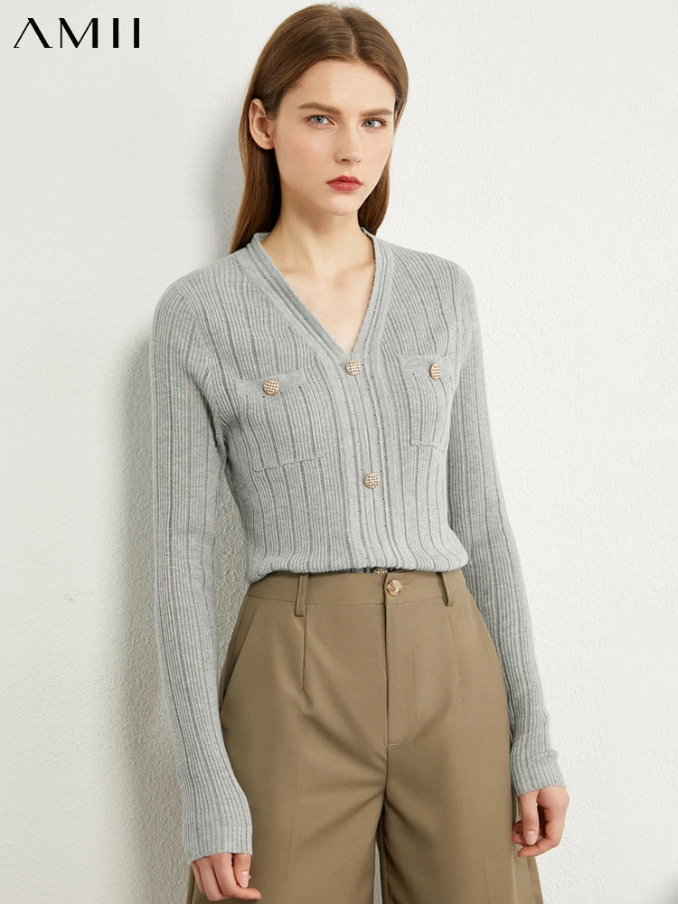 AMII Minimalism Autumn Fashion Women Sweater Stripe Vneck Slim Fit Pullover Causal Button Decoration Female Tops 12030577 | Женская