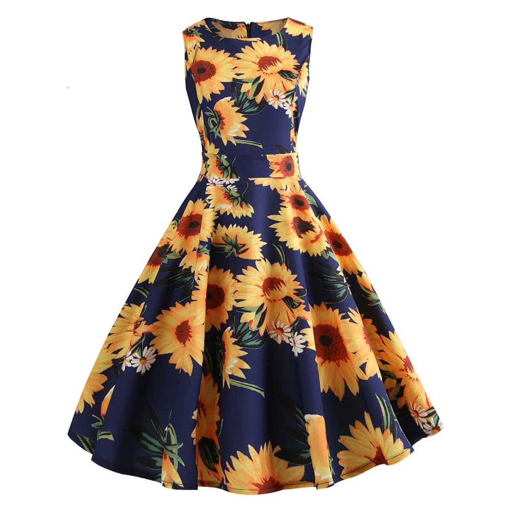 Joineles Sunflower Print Summer Women Retro Dress 60s Round Neck Sleeveless High Waist Vintage Party Vestidos Robe Tunic |