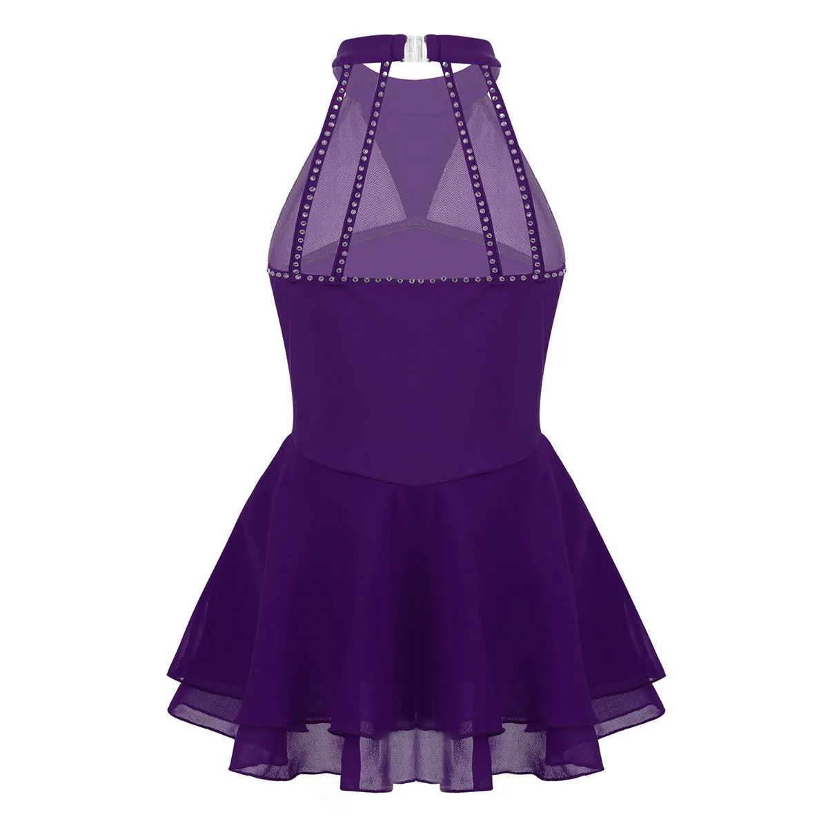Kids Girls Gymnastics Figure Skating Dress Halter Rhinestone Mesh Splice Ice Skating Dance Costumes Ballet Dance Leotard Dress