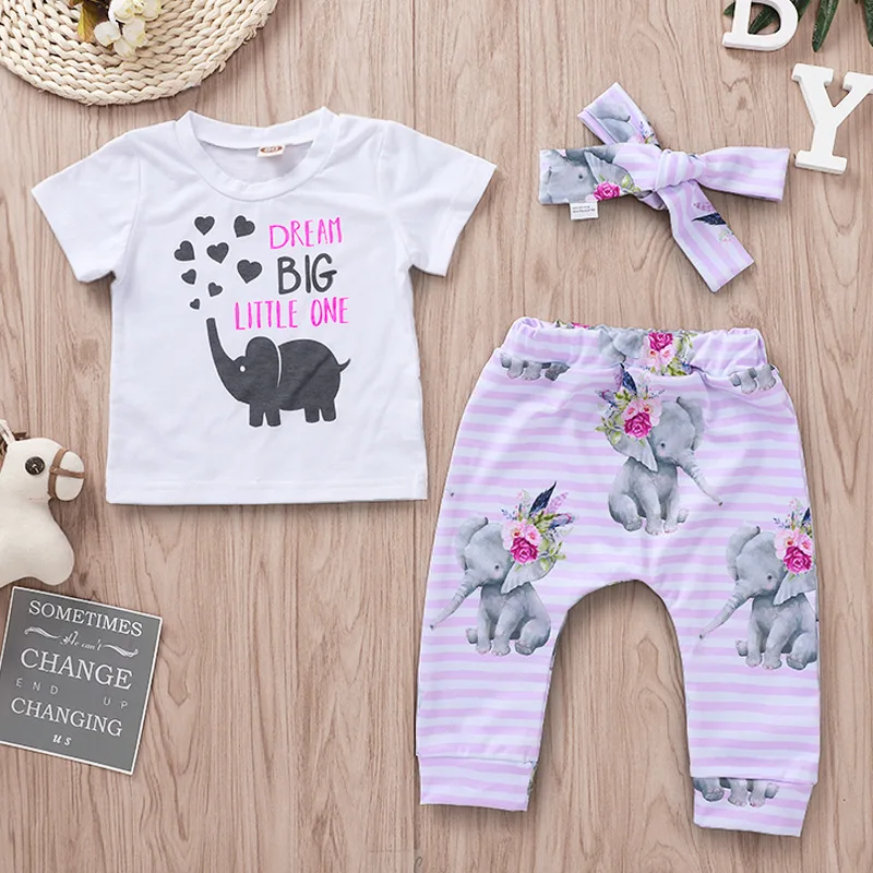 

Cute Elephant 3 Pcs Cartoon Clothing Sets Little One Letters Print White Top Striped Pants Headband 12 18 Months Girl Clothes