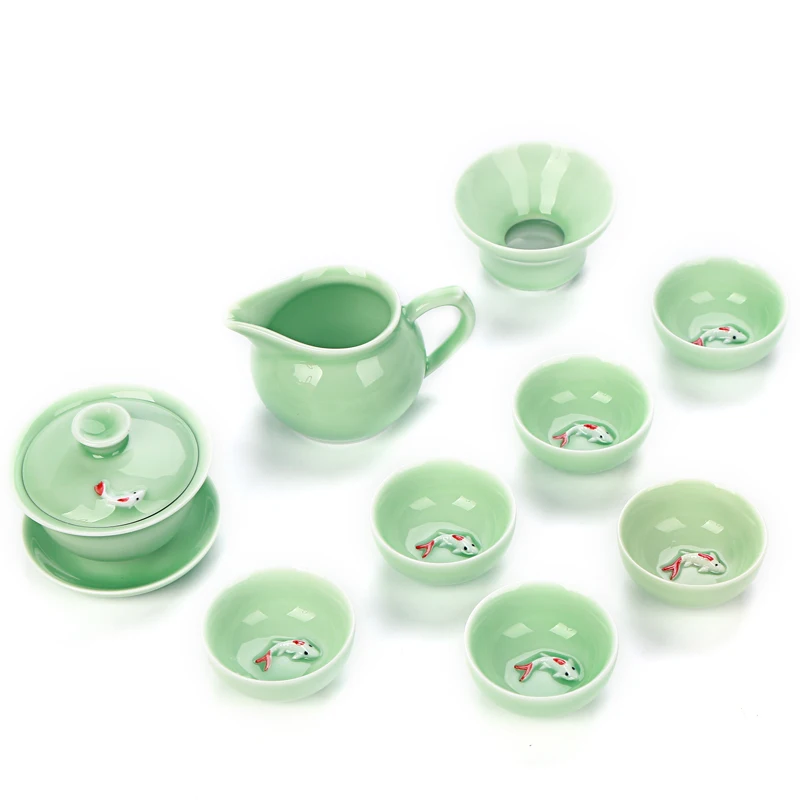 Longquan Celadon Fish Tea Set Ceramic Kettle Ceramic Gaiwan Tea Cup fish chinese kung fu tea pot drinkware For friend Gift