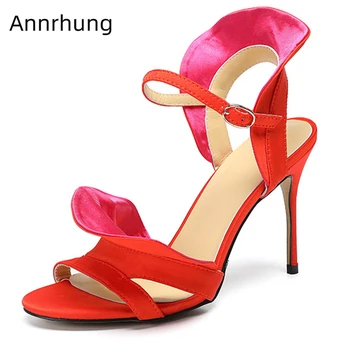 

New Summer Ruffle Sandals Women Thin High Heels Open Toe Ankle Strap Luxury Satin Party Shoes Woman Sandalias Mujer