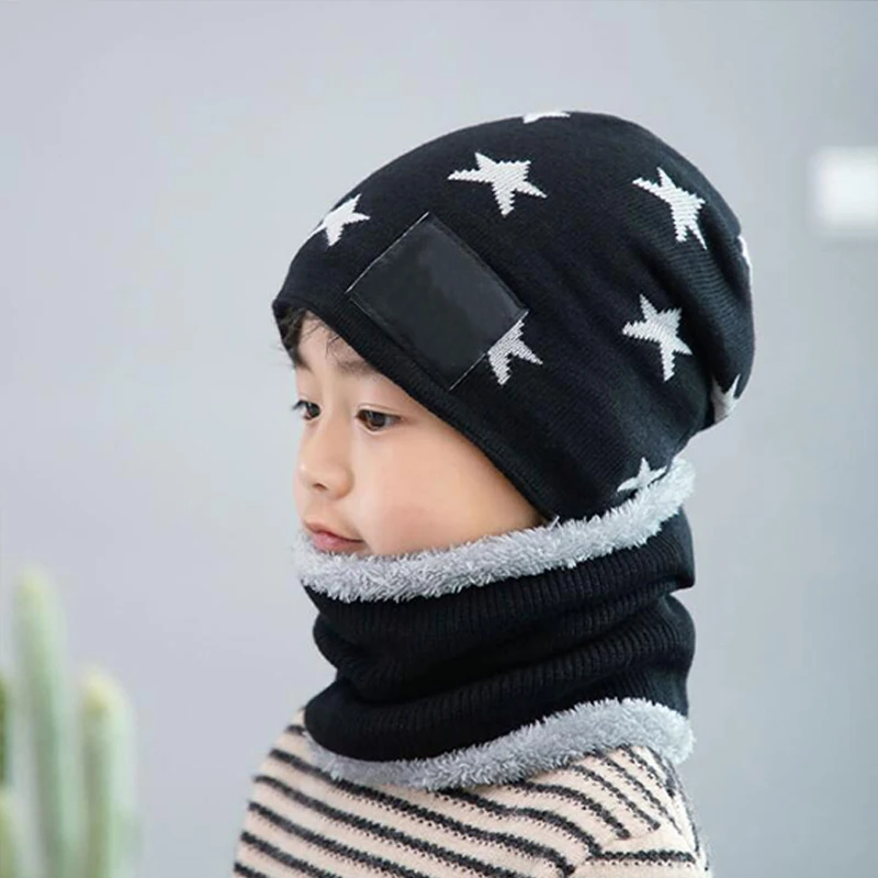 Kids Black Зимняя шапка для родителей и ребенка, детская вязаная шапочка, шарф с кольцом, комплект из 2 предметов для мальчиков и девочек, флисовая толстая подкладка, бархатная теплая шляпа детская шапочка - Цвет: Kids Black