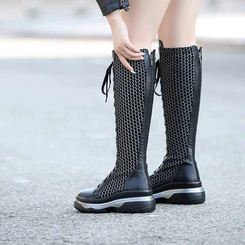 FEDONAS/повседневные спортивные ботинки на плоской платформе; зимние новые женские сапоги до колена из натуральной кожи; женская обувь на шнуровке для ночного клуба