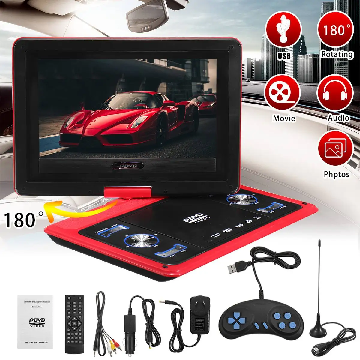 

13.8 Inch Portable Car DVD Player EVD TV Game Remote Control Rotate Screen Game Function Home Audio System
