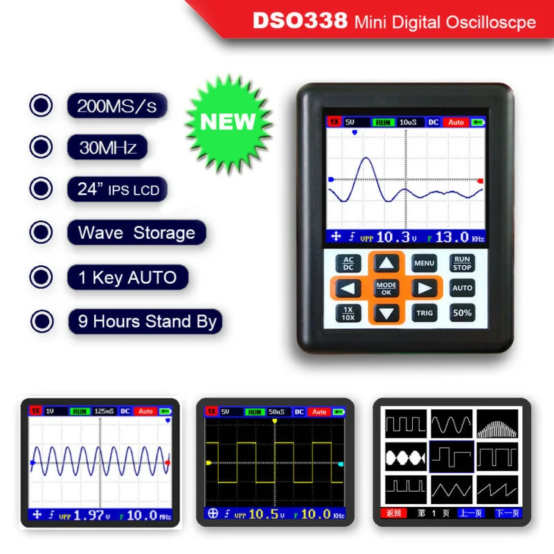 

O120 DSO338 Portable 30MHz 200MSa/s Mini Portable IPS LCD Digital Display Oscilloscope USB Cable English Manual USB Cable