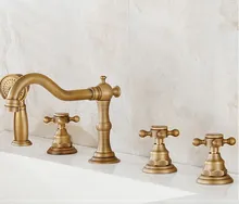 

Vintage Retro Antique Brass Three Cross Handles Deck Mounted 5 Holes Bathroom Tub Faucet Mixer Tap With Handshower mtf035