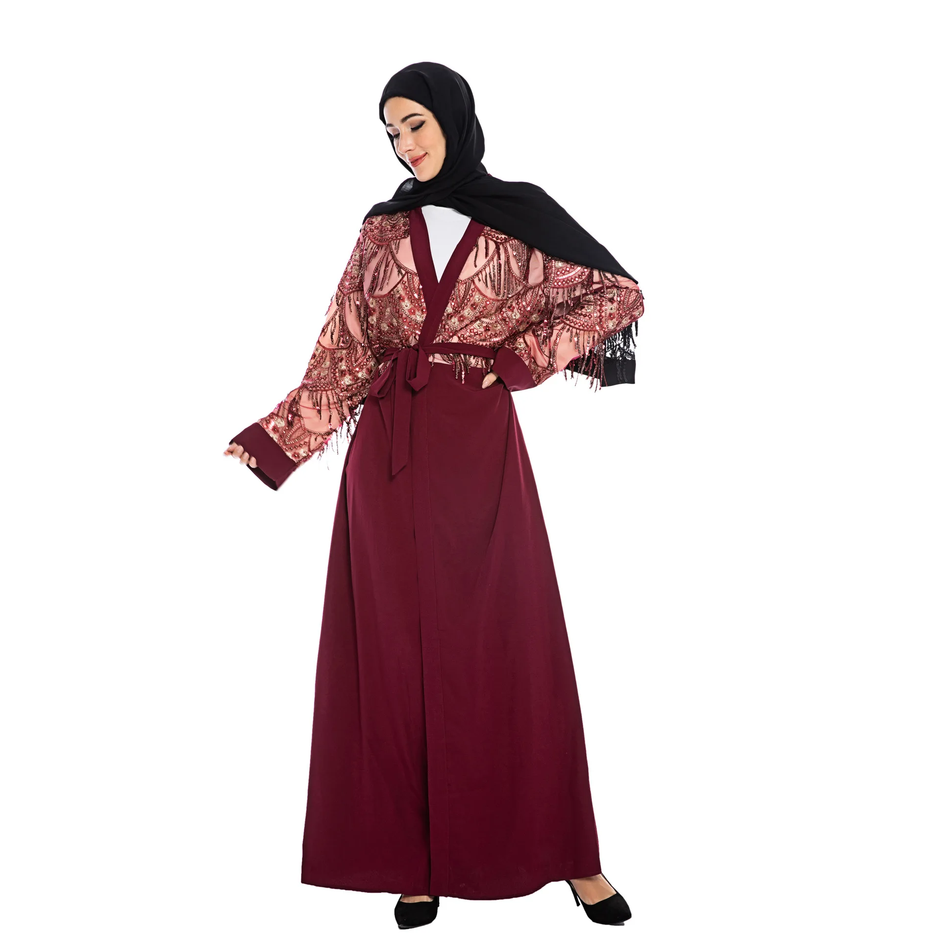 

Elegant Muslim Sequins Abaya Tassels Maxi Dress Long Robe Gowns Kimono Middle East Ramadan Eid Islamic Prayer Tesettur Elbise
