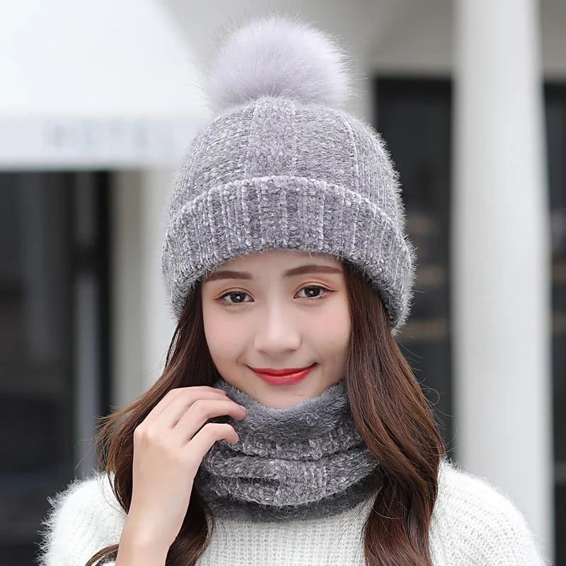 chenille set gray Шапка женская зимняя добавить бархат утолщение теплый синель вязаная шапка воротник из двух частей Корейская холодная шерстяная шапка для езды на велосипеде - Цвет: chenille set gray