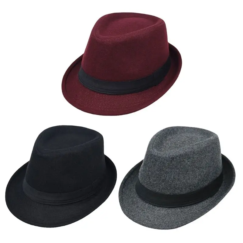 Для мужчин и женщин унисекс винтажные широкие фетровые шляпки с полями плоский верх сплошной цвет изогнутая отделка танец простота классический джаз