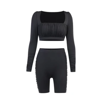 

Women's Cropped Top, High-Waist Pants, Square Neck Long Sleeve Pleated Elastic Fall Suit