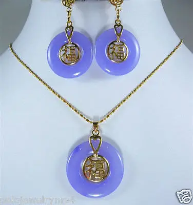 Ювелирные изделия фиолетовый круг Jade Lucky/длинный набор из сережек и кулона> 18K
