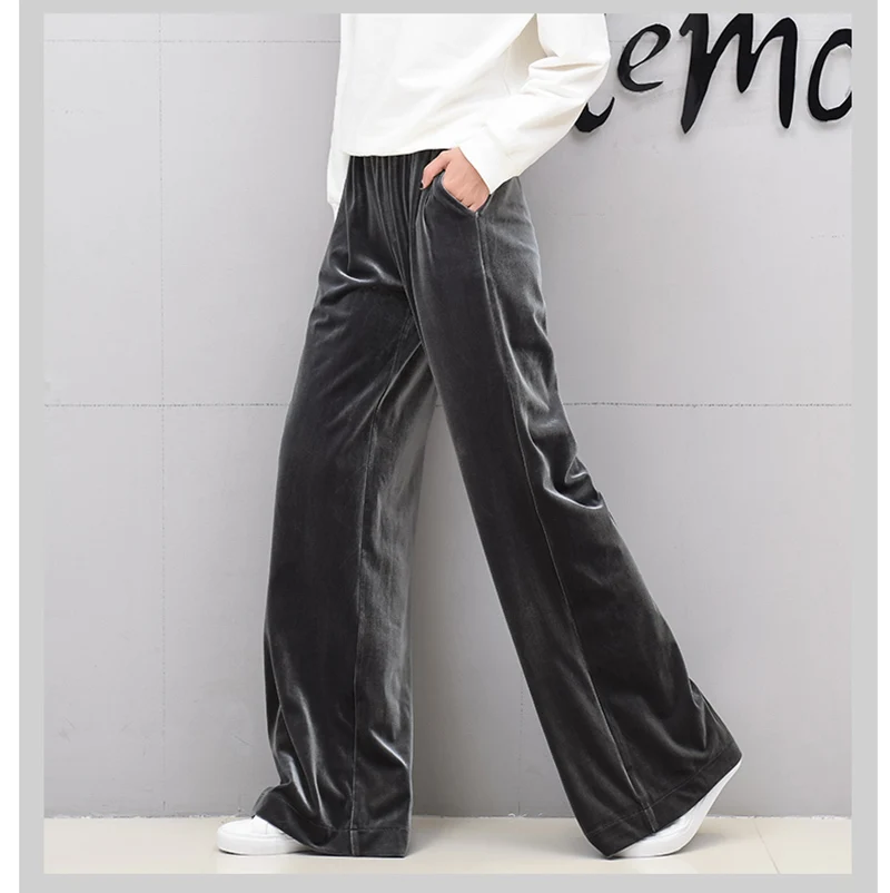 Повседневные широкие брюки для женщин; сезон осень-зима; бархатные брюки с высокой талией; эластичные длинные элегантные однотонные брюки