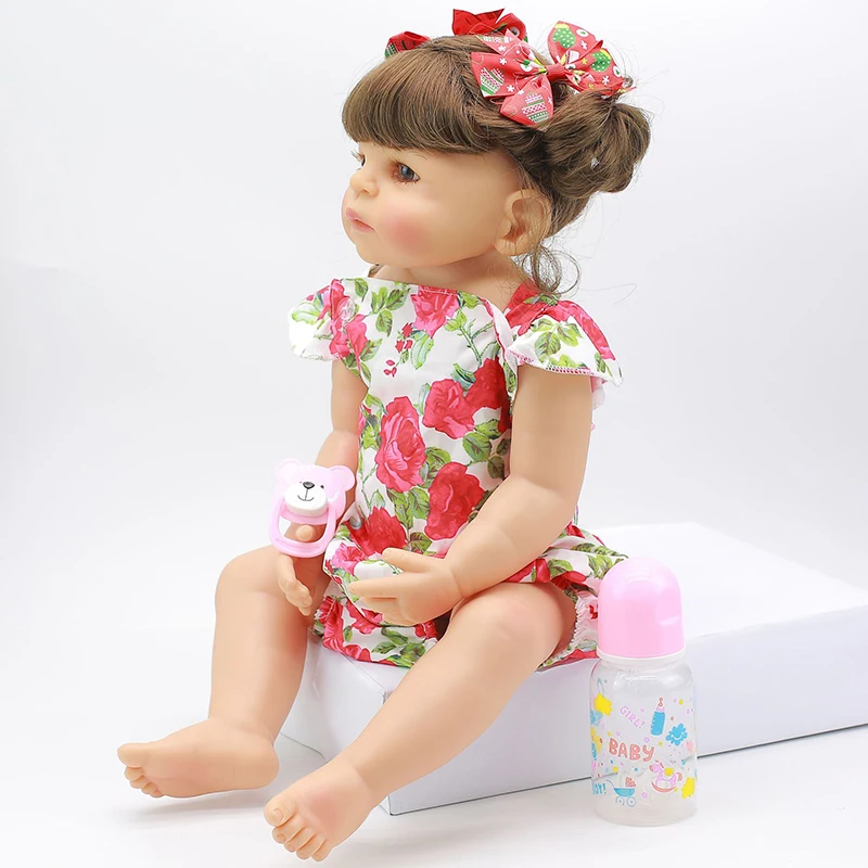 55 см Reborn Baby Doll игрушка полная силиконовая Цветочная печать ткань тело короткие объемные волосы Реалистичная кукла Малыш Дети ролевые игры