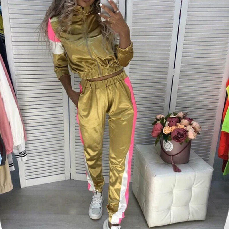 

Women Contrast Color Side Strap Elastic Waist Zipper Closure Tracksuit Sweatshirts Fleece Joggers 2-piece Casual Sports Set