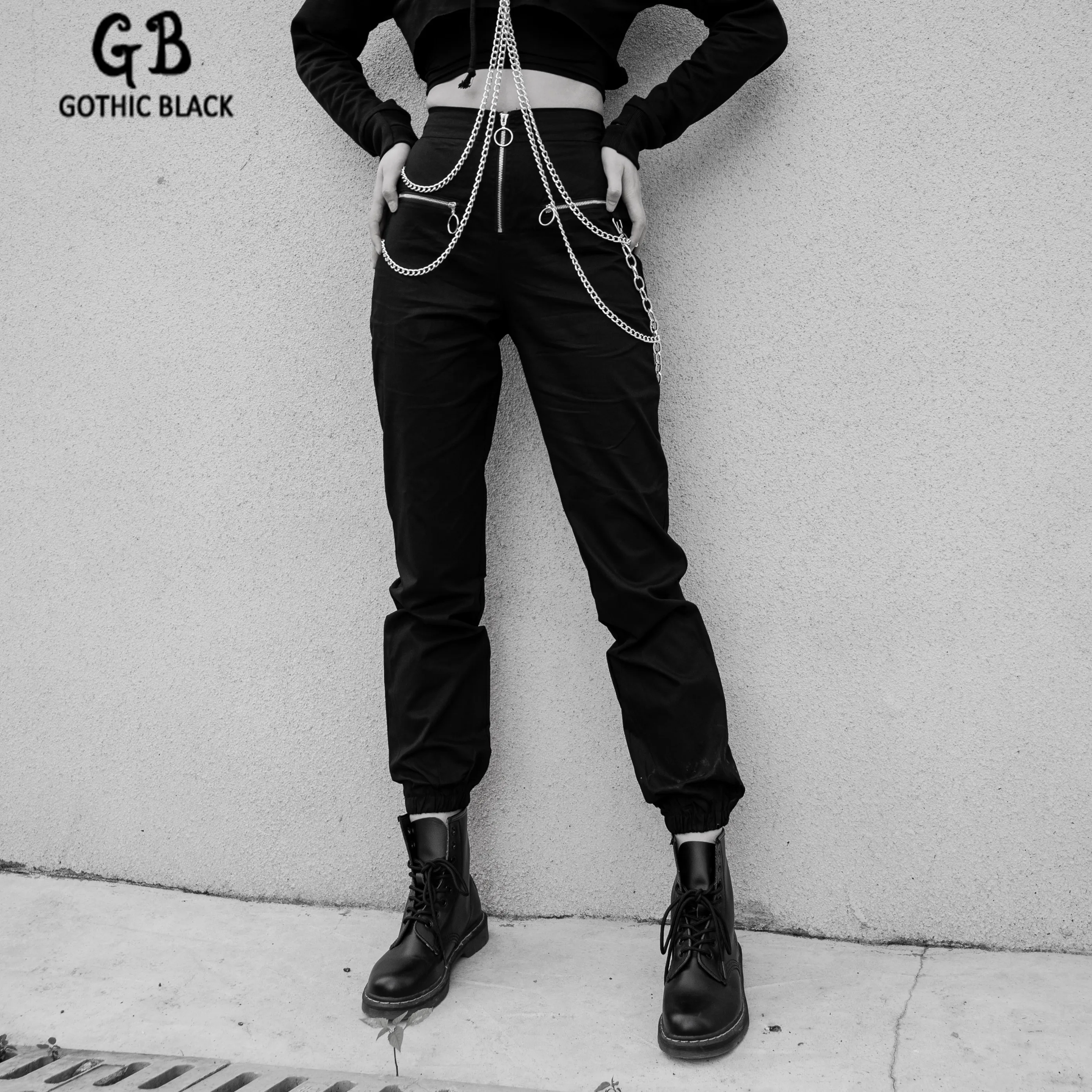 

Gothic Black Women Slim Pocket Chain Zipper Harem Pants 2019 Winter Goth Punk Streetwear Female Solid Color Loose Harem Pants