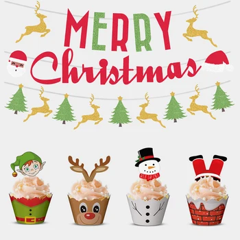 

48/24 Pcs Per Lot Merry Christmas Decoration Cake Flag Cup Cake Muffin Baking Paper Wrapper Topper Party Cake Packaging Supplies