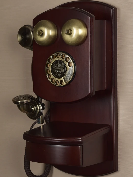 Модный винтажный телефон из цельного дерева, настенный старинный механический колокольчик, вращающийся циферблат, античный телефон