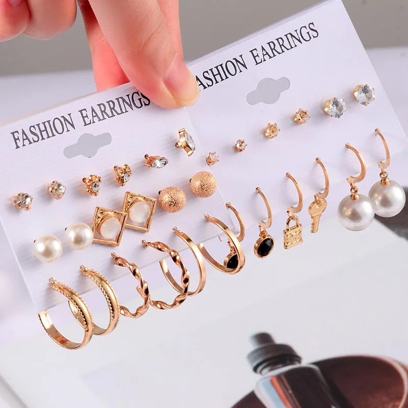 Women's Stud Earrings Crystal Pearl Set For Women Bohemian Fashion Jewelry 2022 Trend Geometric Heart | Украшения и