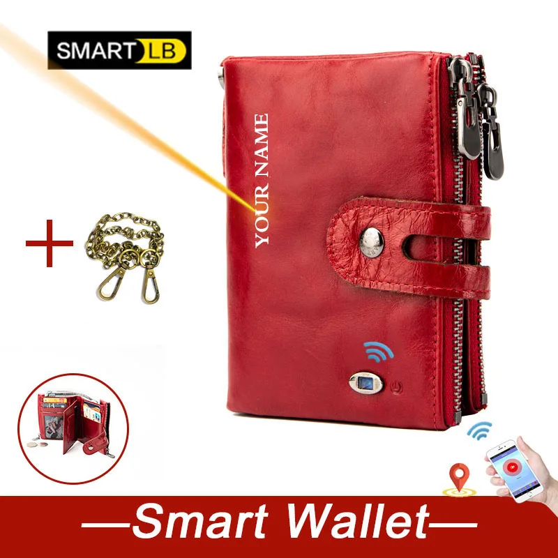 Free engraving Smart Bluetooth Woman Genuine Leather Wallets Anti Lost Chain Wallet Double Zipper Coin Purse Card Holders | Багаж и сумки