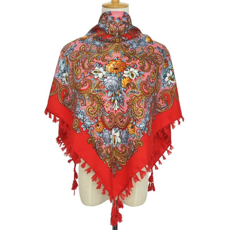 Модный русский квадратный шарф, Женский палантин с бахромой, шаль с принтом Bufandas, цветочный шарф, короткая повязка на голову, богемные шарфы