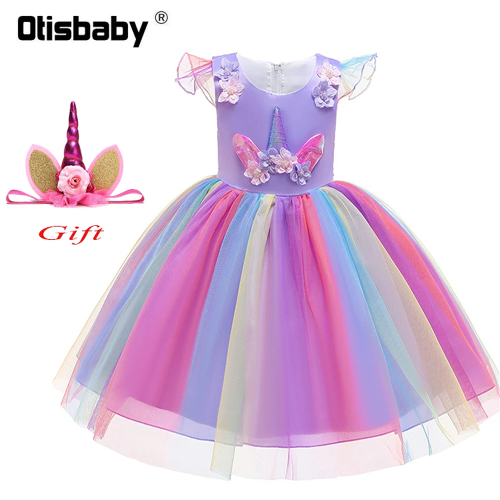 Unicorn Girl Fancy Tulle Dress New Year Rainbow Pony Costume Fluffy Flutter Sleeve Tiered Baby Horse Clothes | Детская одежда и
