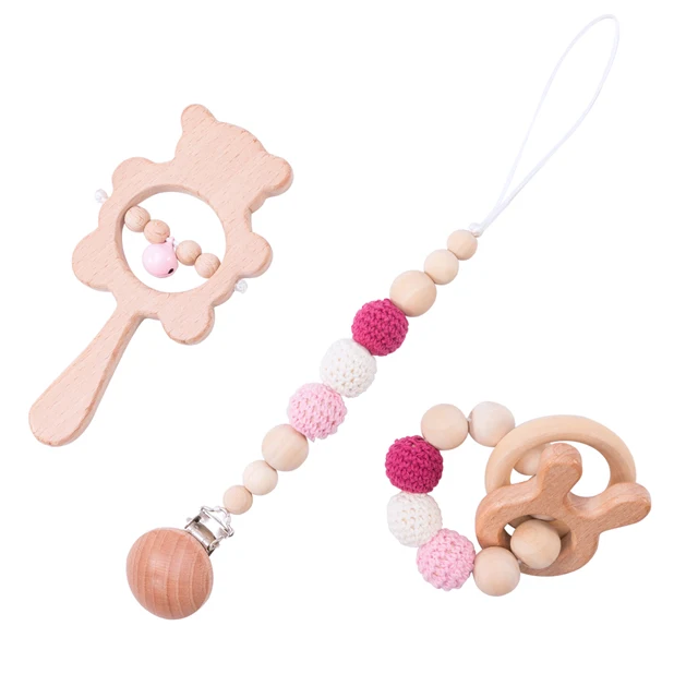 Baby Teethers Wooden Bear Rattles Crochet Beads Rodent Tiny Rod Baby Toys Bracelet Pacifier Clip Nursing Newborn Products Set - Цвет: Bunny set