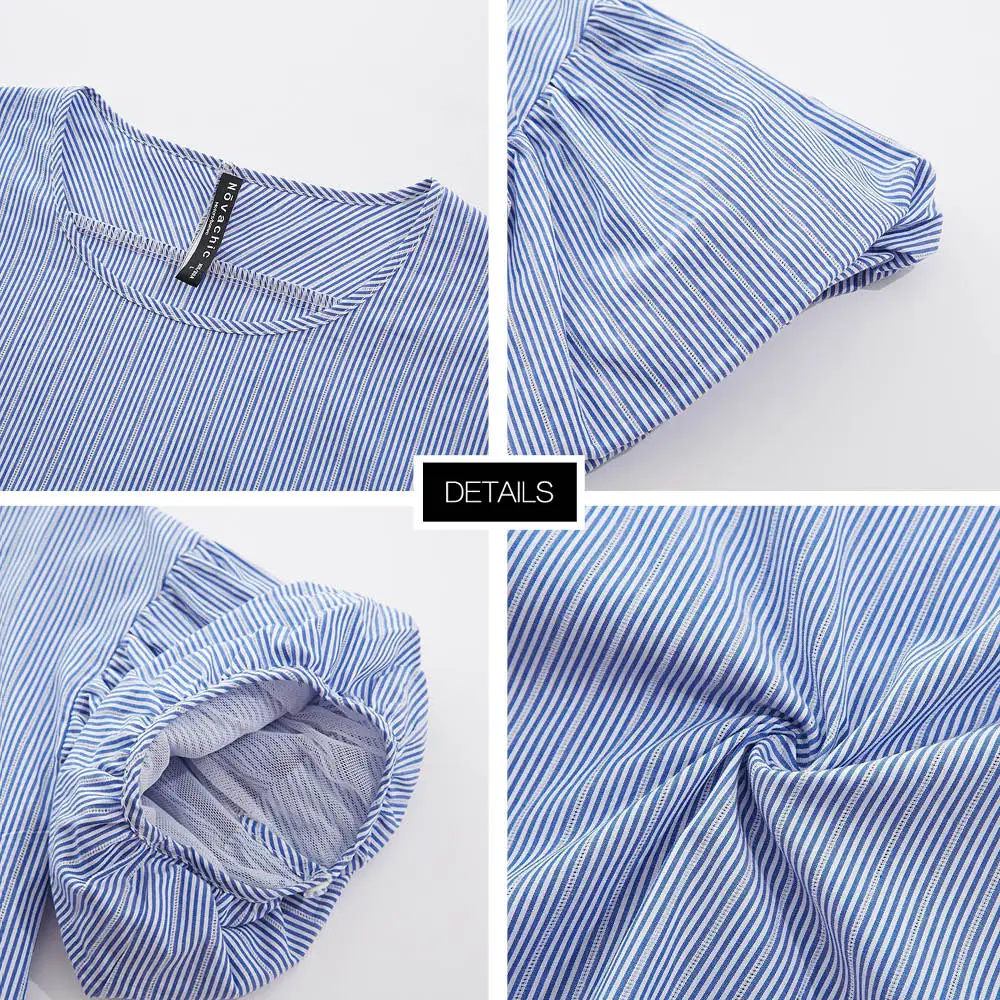  Metersbonwe Women Striped Blue Blouses 2019 Fashion OL Half Puff Sleeves Sliming Office Lady Blouse