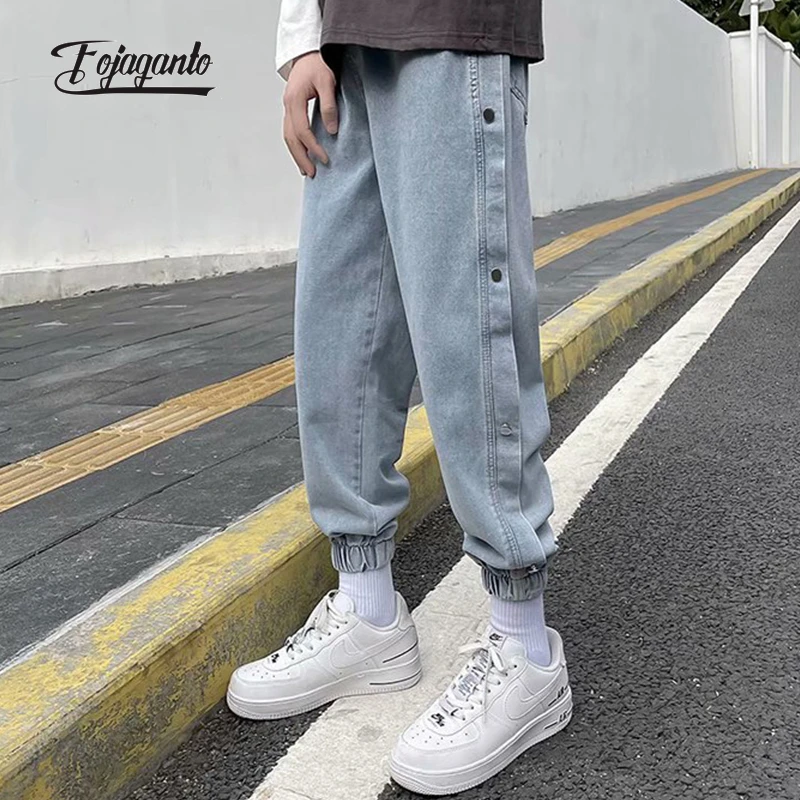 

FOJAGANTO Men's Jean Pants Trendy Brand Buckle-Legged Casual Jeans Loose Couple High Street Fashion Vintage Jean Trousers Male