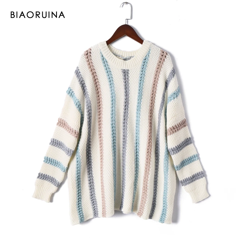 

BIAORUINA Women's Colorful Vertical Stripes Knit Sweater Hem Split Autumn Winter Female Fashion Thick Warm Pullover O-neck