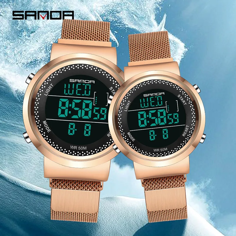 

SANDA 2019 Elegant Wristwatches Mesh Band Watch couple watch Dual Display Digital luminous LED Multifunction Watches relogio new