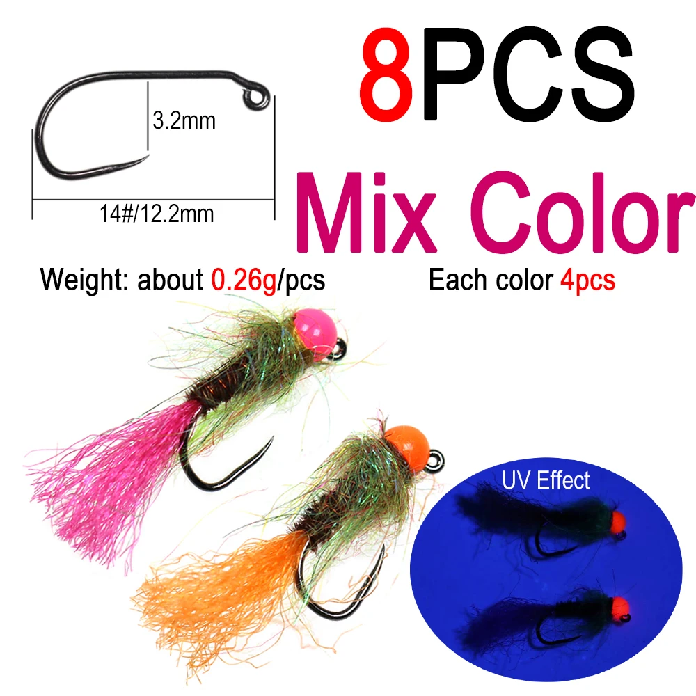 ICERIO 8PCS #14 UV Tungsten Slot Bead Head Barbless Jig Hook Nymph