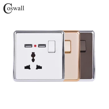 

Coswall 13A Universal 3 Pin Wall Socket Switched + 2.1A Dual USB Charging Port LED Indicator White Gold Brown Silver/Gold Hemmed