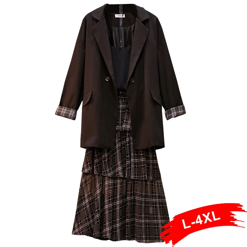 

Plus Size Plaid Patchworked Long Sleeve Double Breasted Blazer Suits 3Xl 4Xl Elegant Women Work Wear With Ruffles Tiered Skirt