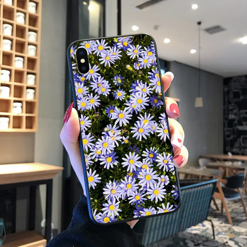 Kecil Bunga Aster Bunga TPU Hitam Ponsel Case Shell UNTUK iPhone 8 7 6 6S Plus X XS MAX 5 5S SE XR 11 11pro Promax Ponsel
