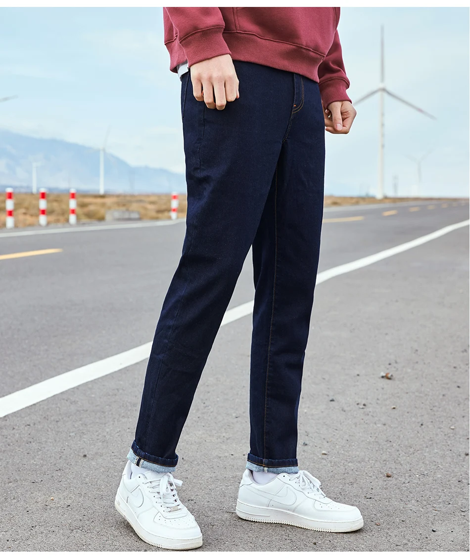 Pioneer Camp Dark Blue Jeans Men Winter Thick Cotton Straight Pockets Causal Mens Jeans Streetwear ANZ901756