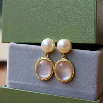 

2020 new 925 sterling silver inlaid pink crystal natural stone pearl drop Earrings luxury wedding party Fine jewelry for women